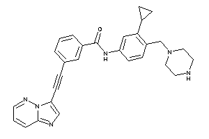 Image of N-[3-cyclopropyl-4-(piperazinomethyl)phenyl]-3-(2-imidazo[2,1-f]pyridazin-3-ylethynyl)benzamide